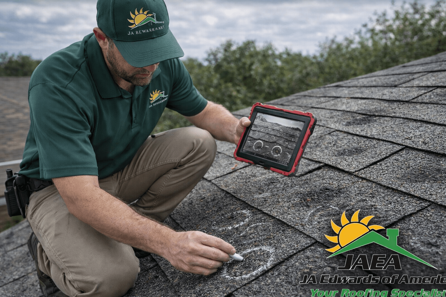 Roof inspector documenting hail damage for an insurance claim
