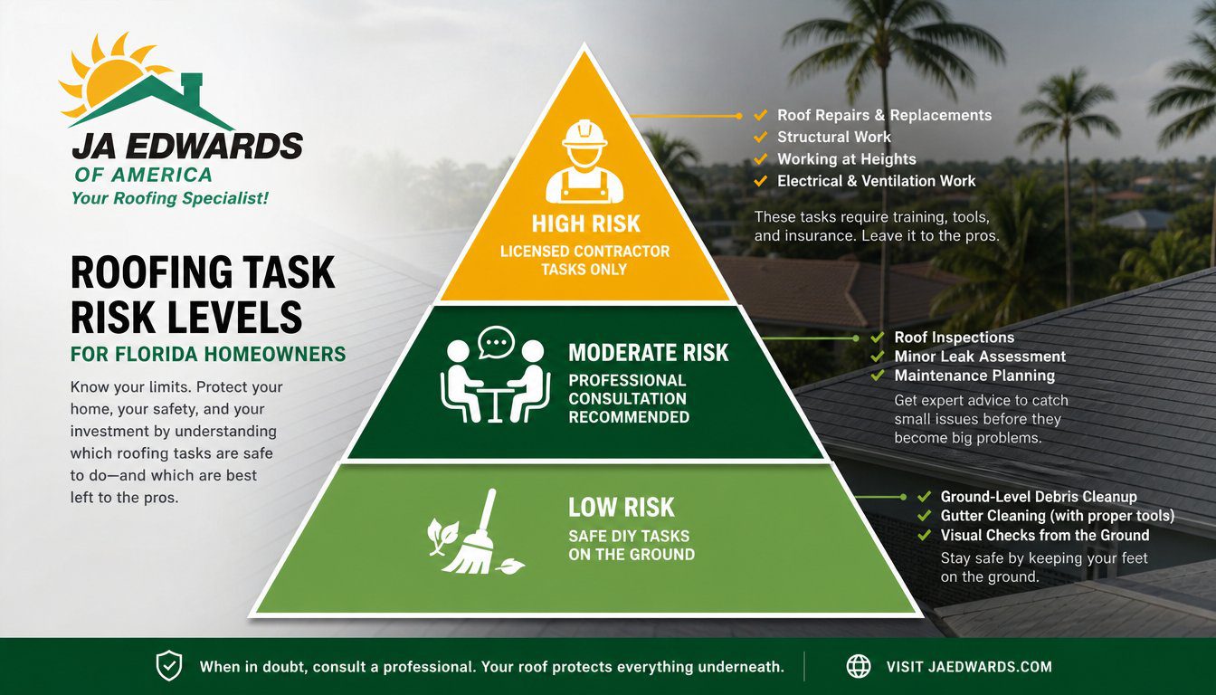 Pyramid chart infographic for Florida homeowners showing roofing task risk levels, with low-risk ground cleanup at the b