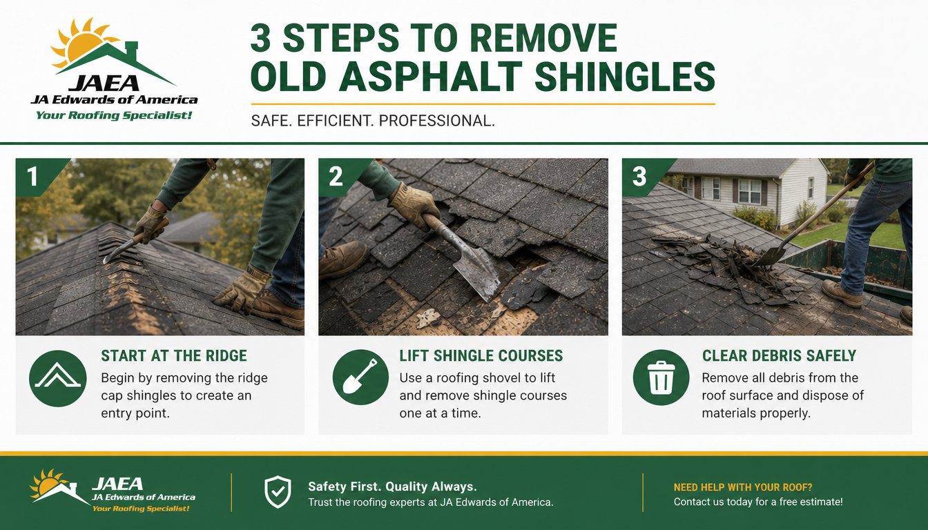 Instructional infographic showing three clear steps of removing old asphalt shingles from a residential roof, starting a