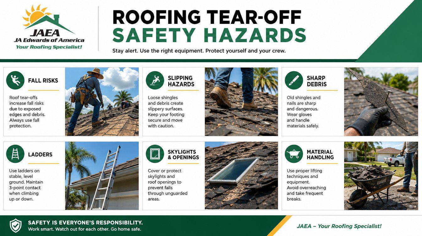 Infographic about roofing tear-off safety hazards, showing fall risks, slipping hazards, sharp debris, ladders, skylight