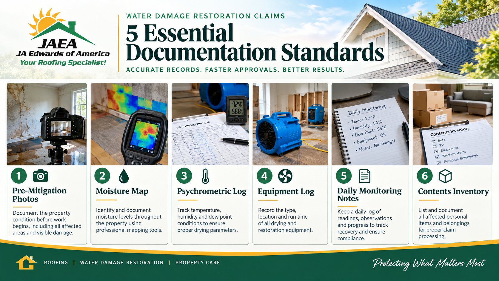 Infographic for homeowners showing five essential documentation standards in a water damage restoration claim, including