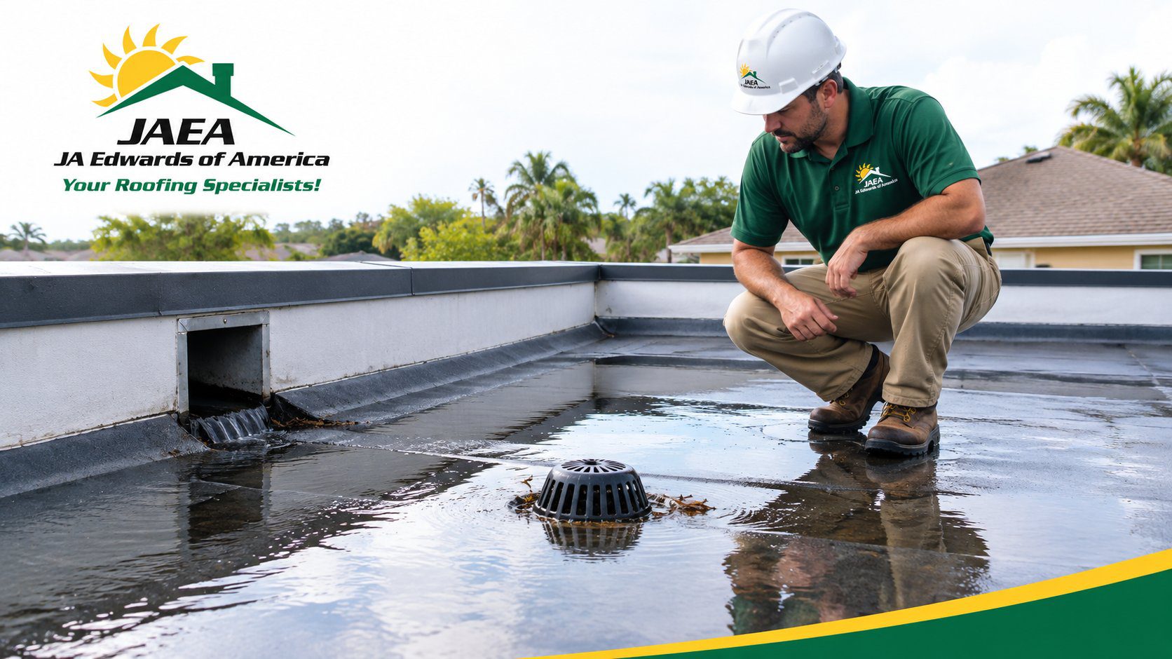 Ponding water on a Florida low-slope roof near a roof drain after heavy rain