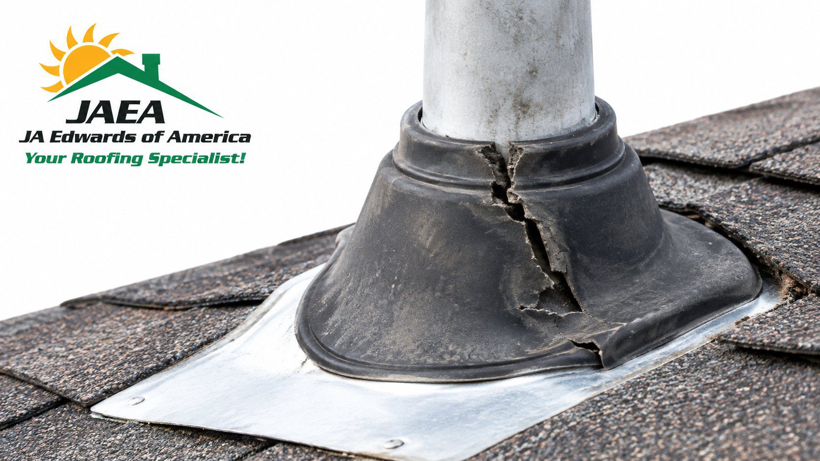 Cracked plumbing vent pipe boot and flashing on an asphalt shingle roof in Florida