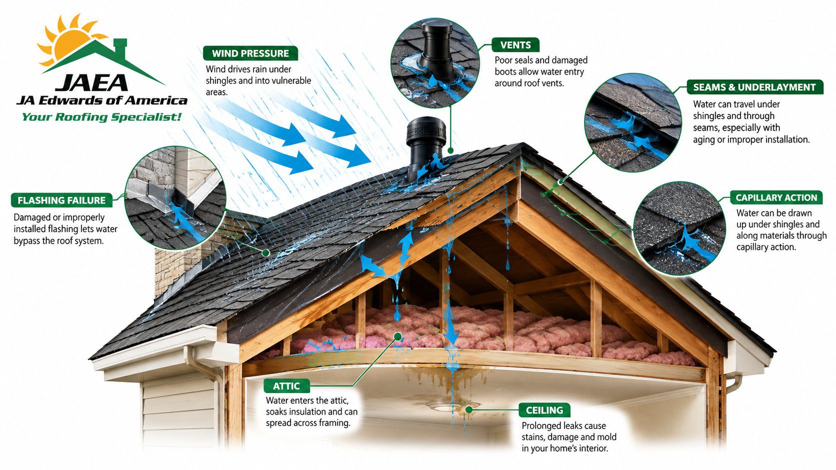 Diagram showing wind-driven rain entering a vulnerable roof flashing detail on a Florida home