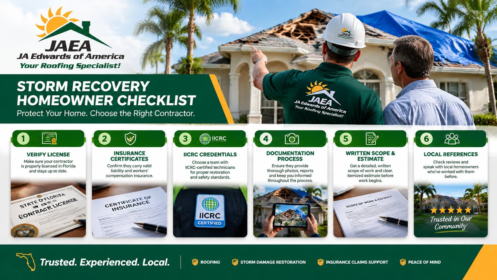 Homeowner hiring checklist graphic for choosing a damage restoration company in Florida, showing six steps including ver