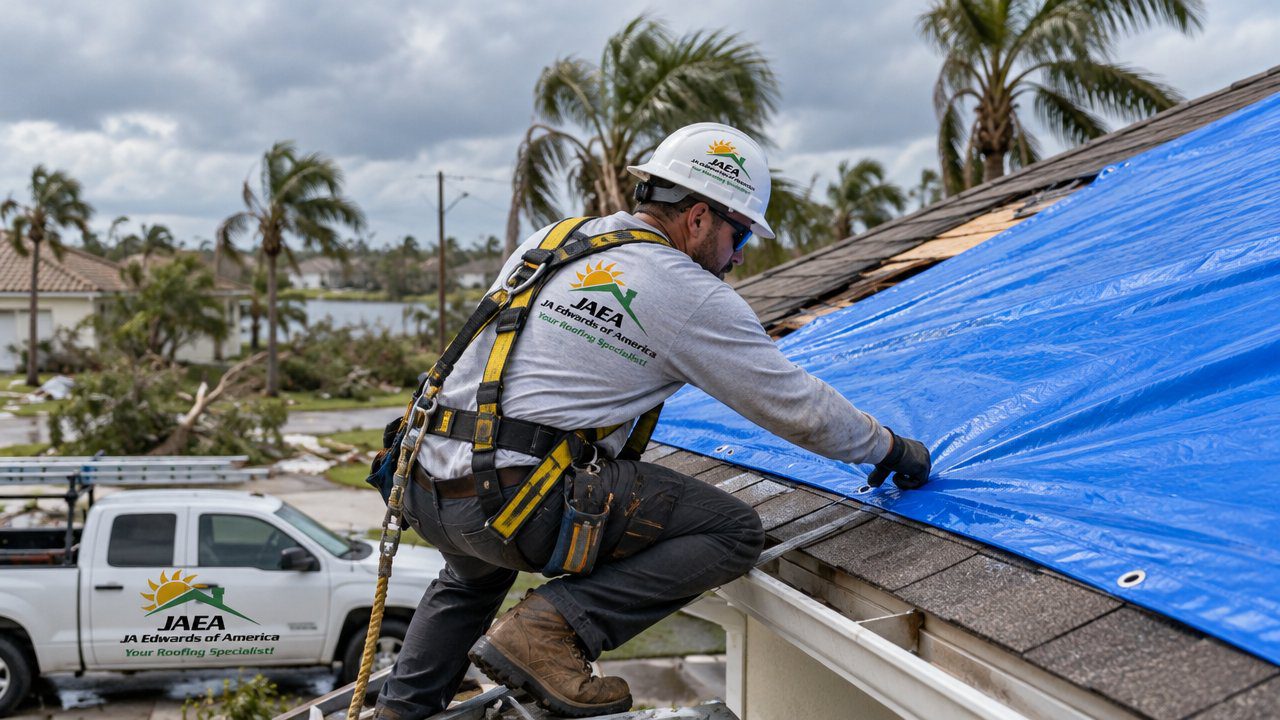 Professional emergency roof tarping after storm and wind damage in Florida