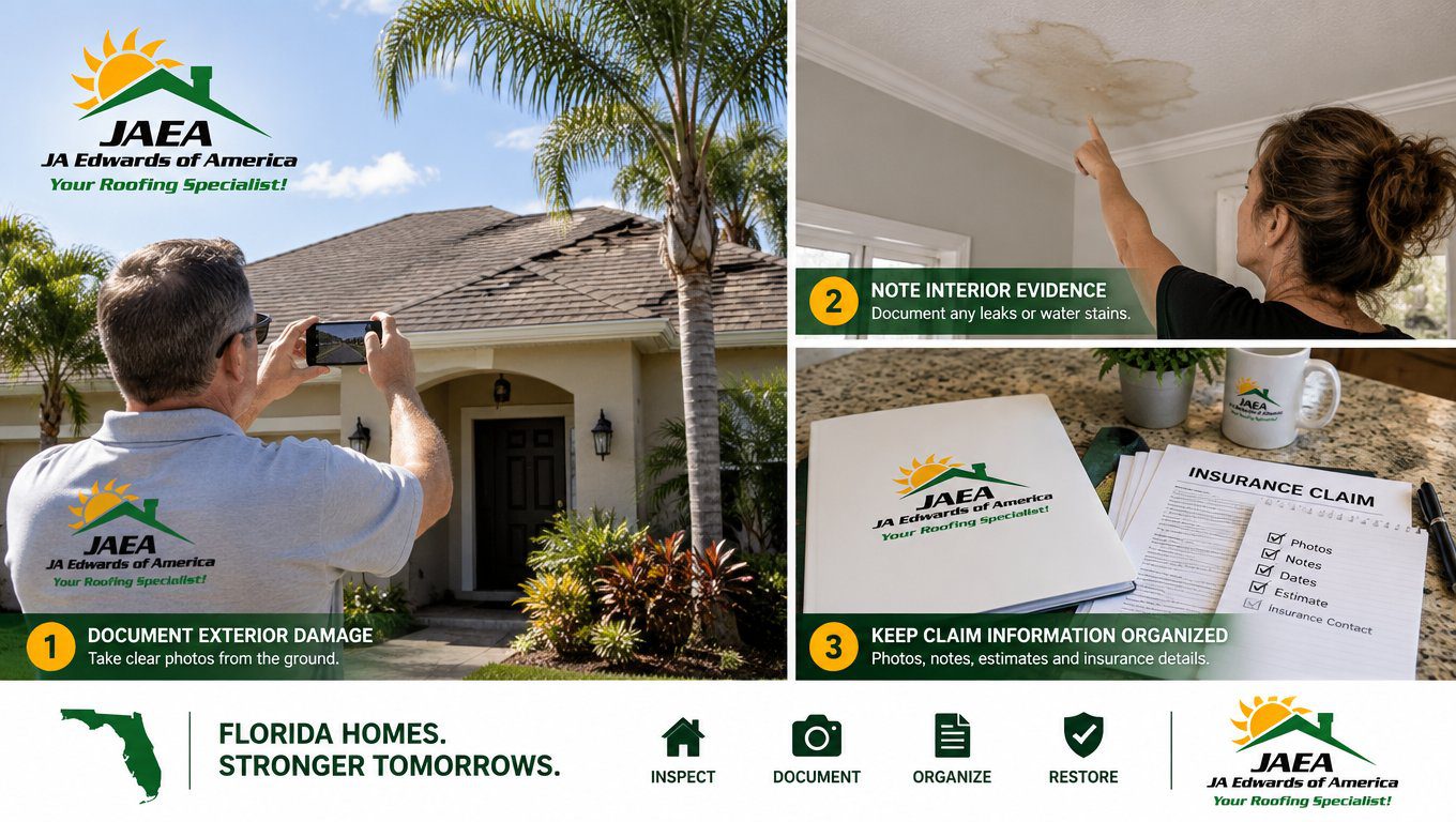 Homeowner safely documenting exterior roof and storm damage with a phone