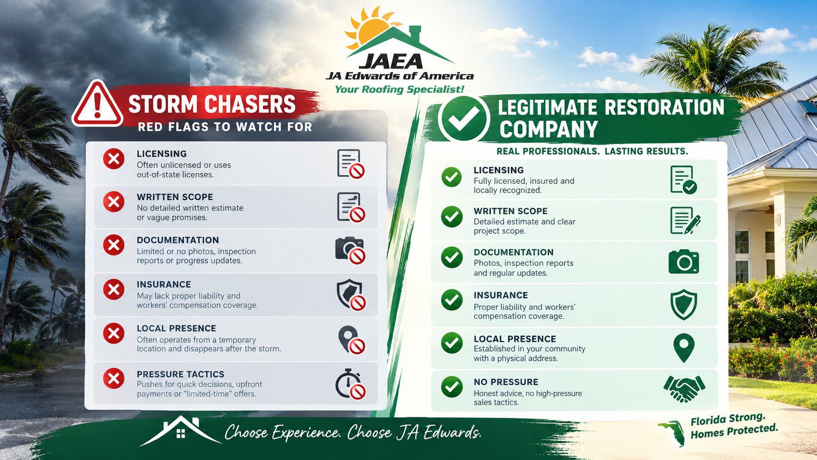 Comparison graphic for Florida homeowners showing red flags of storm-chasing restoration contractors versus legitimate r