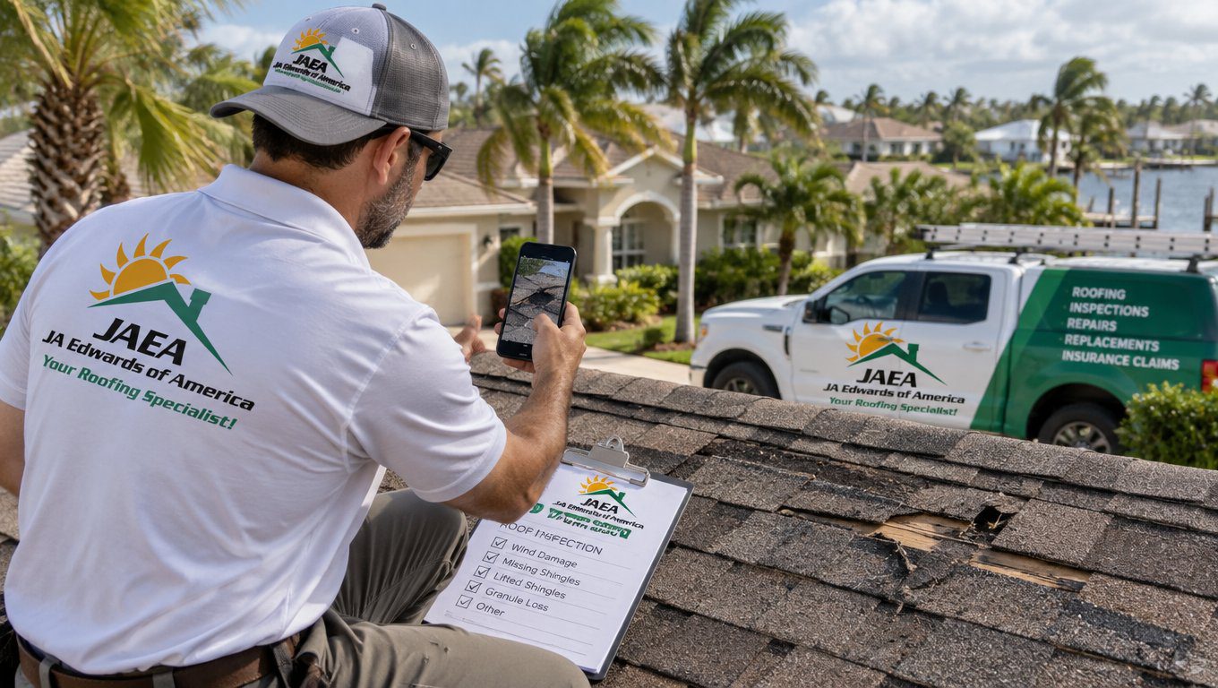 Roofing professional documenting possible wind damage on a Florida roof