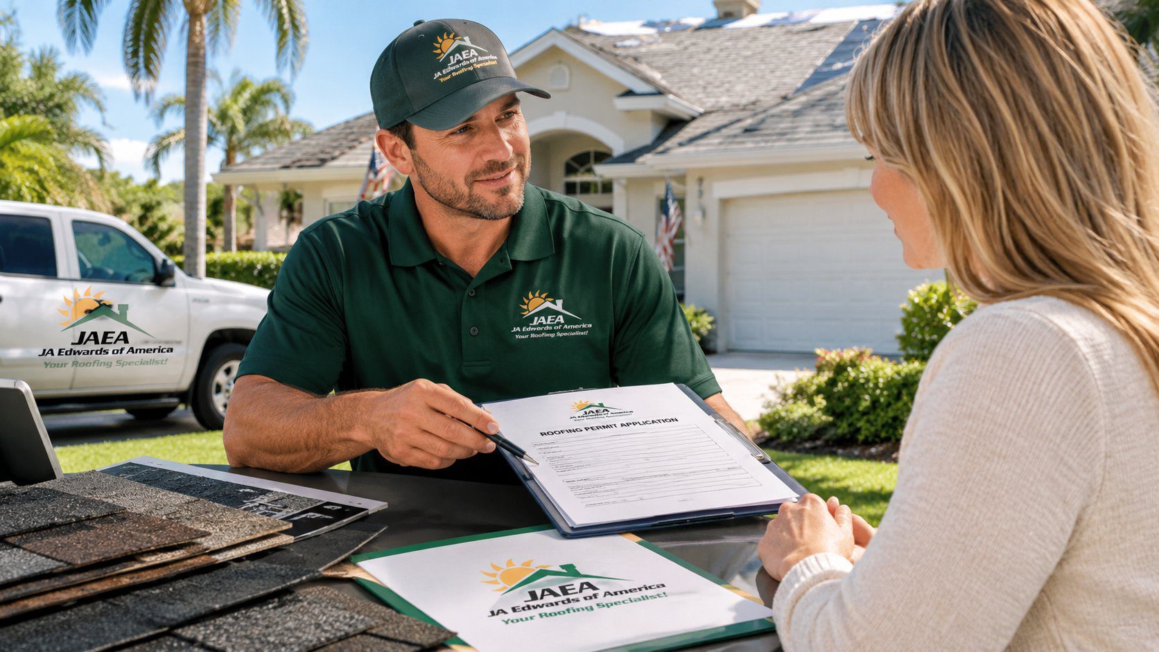 Florida roofing contractor reviewing roof permit documents with a homeowner before a roof replacement