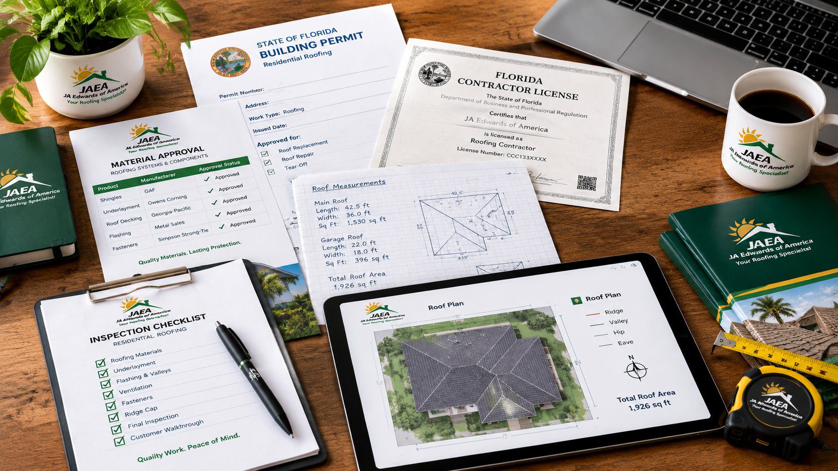 Florida roofing permit documents including contractor information product approvals and roof plans