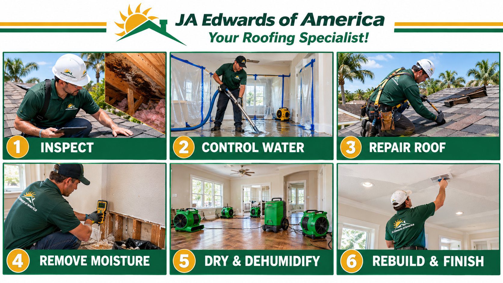 Six-step infographic of a roof leak restoration in Florida: inspect, control water, repair roof, remove moisture, dry and dehumidify, rebuild and finish