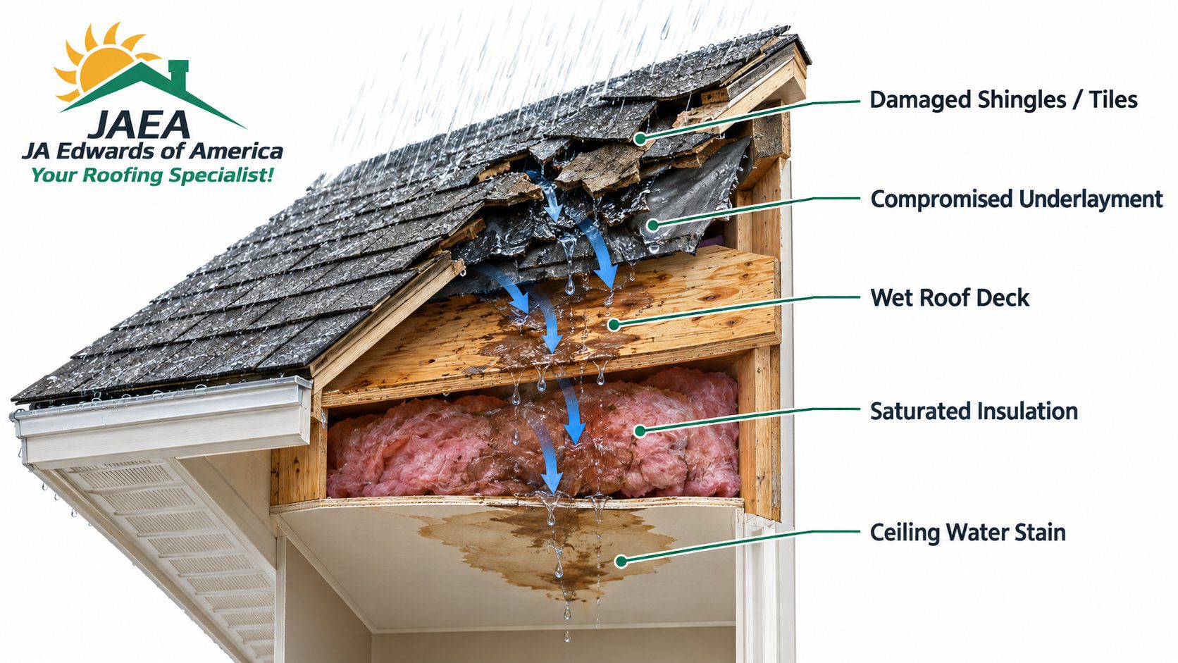 Cutaway diagram of a Florida roof showing rain passing damaged shingles, compromised underlayment and a wet roof deck into saturated insulation and a ceiling water stain