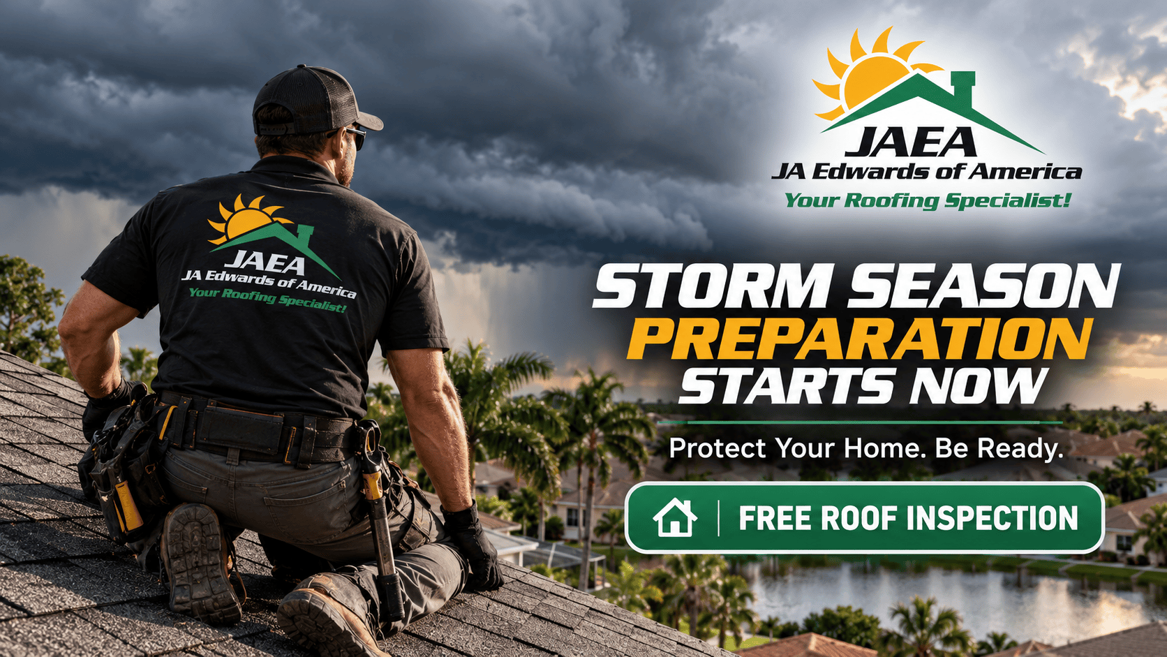 JA Edwards of America roofing professional preparing for severe storm conditions in Florida