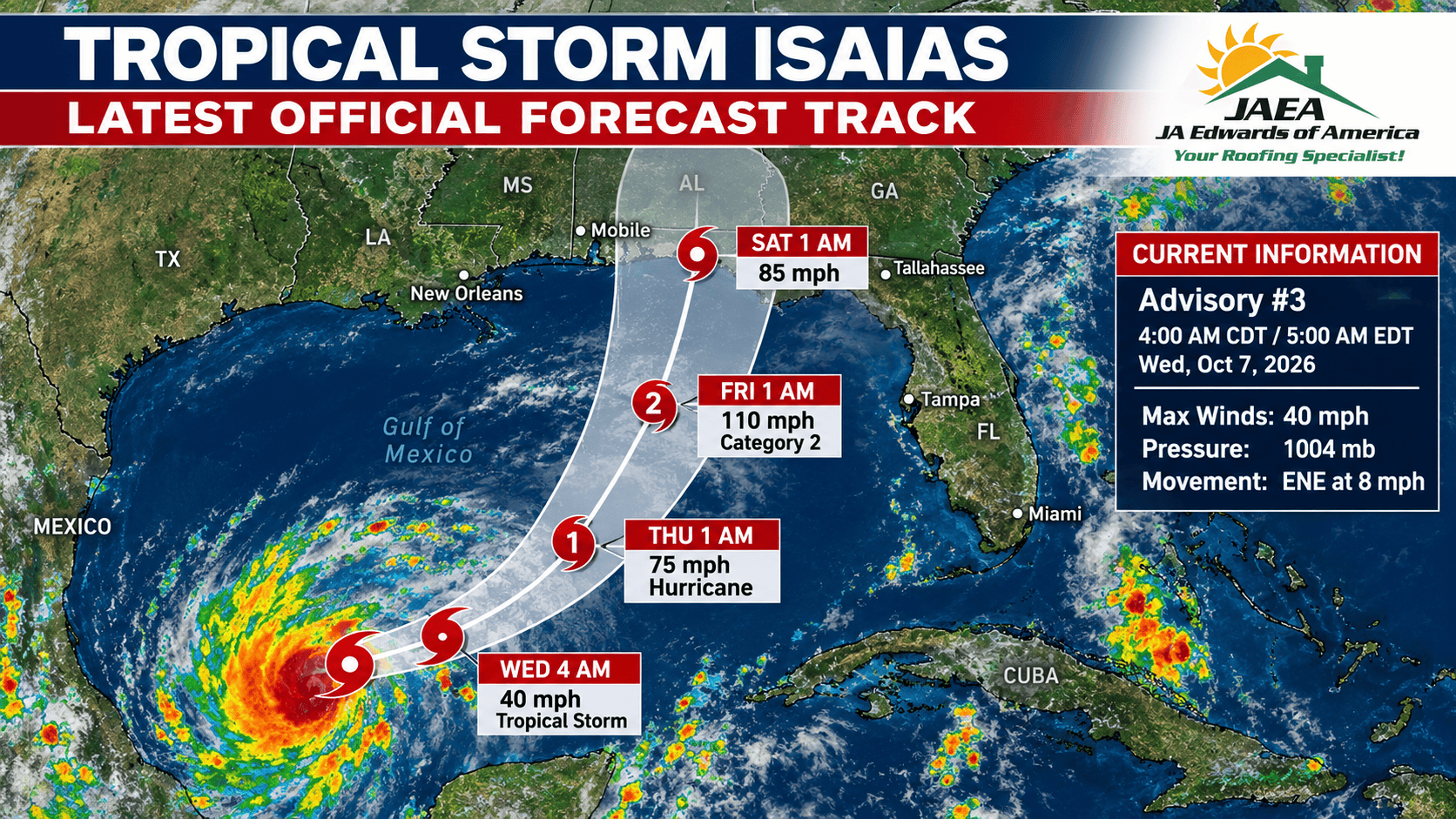 Tropical Storm Isaias 2026 forecast track showing the projected path toward the northern Gulf Coast