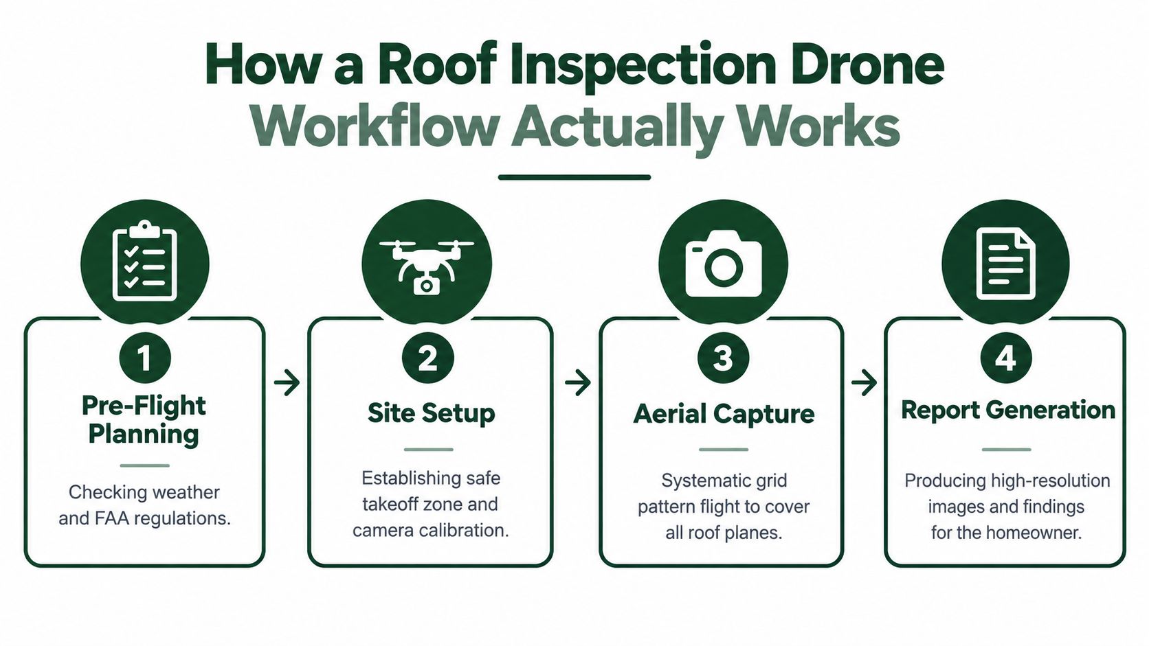 A diagram outlining the four-step workflow for a professional roof inspection conducted by a drone.